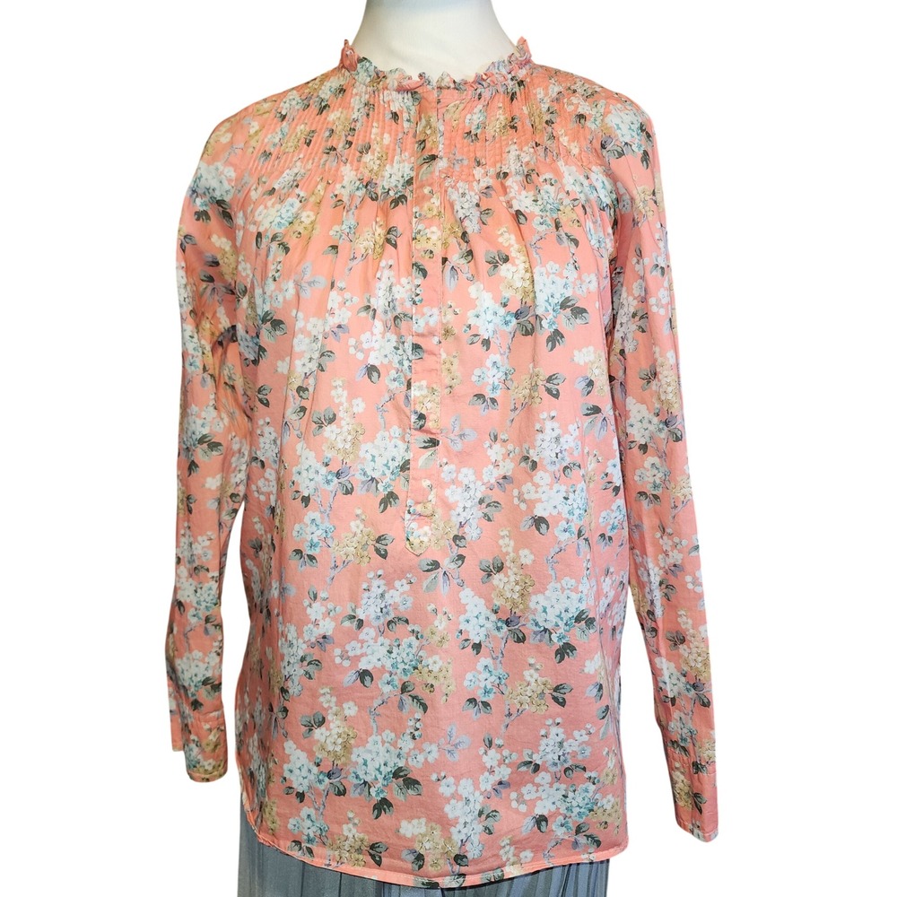 J.Crew Liberty Fabric Floral Smocked High Neck Blouse Peach Pink Size 2 Long Slv